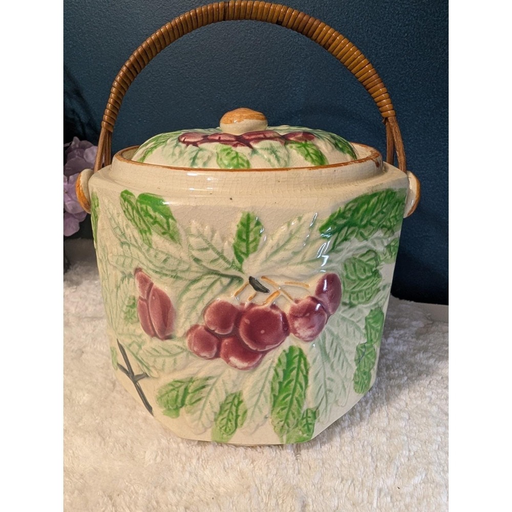 Japan Ceramic Cherry Biscuit Barrel Cookie Jar Octagonal Wicker Handle 1950s